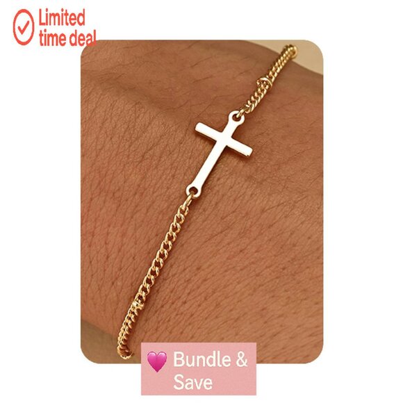14K Gold Plated Charm Bracelet with Cross, Adjustable 6.5-8.5 Inches - Picture 1 of 5